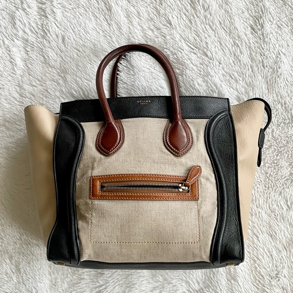 Auth Celine Calfskin Canvas Mini Tricolor Tri-Color Luggage Tote Bag - Picture 6 of 15